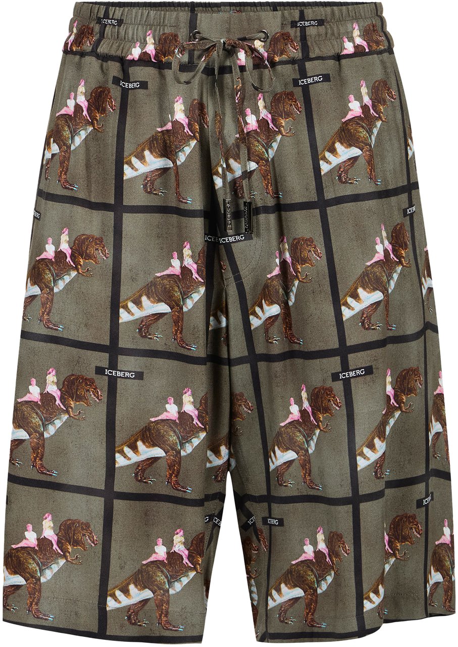 Iceberg Green and black regular fit viscose Bermuda shorts with dinosaur print Divers