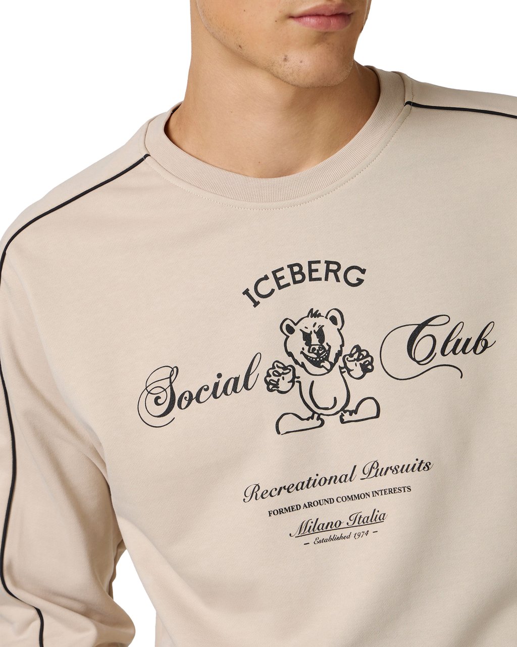 Iceberg Beige crew neck sweatshirt in diagonal cotton fabric, featuring the Iceberg Social Club print Beige