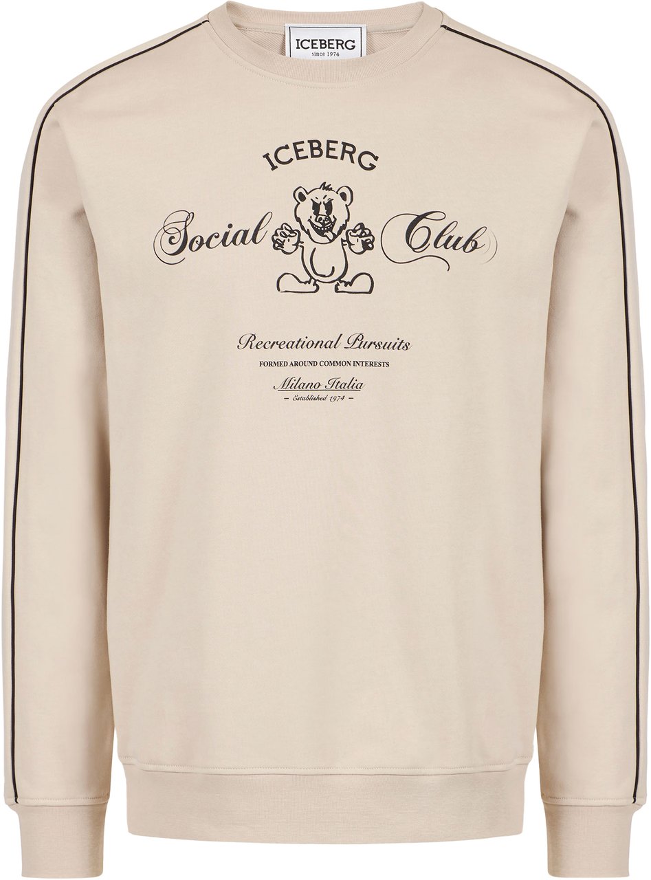 Iceberg Beige crew neck sweatshirt in diagonal cotton fabric, featuring the Iceberg Social Club print Beige