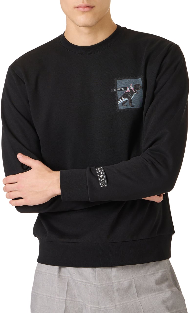 Iceberg Black regular fit crew neck sweatshirt crafted from cotton, adorned with the Dino print Zwart