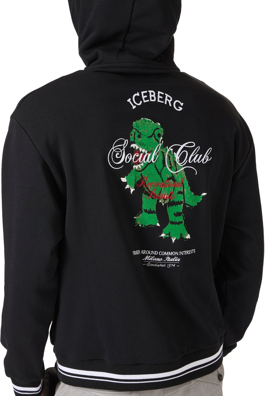 Iceberg Black regular fit cotton fleece hoodie with Dino Social Club print Zwart