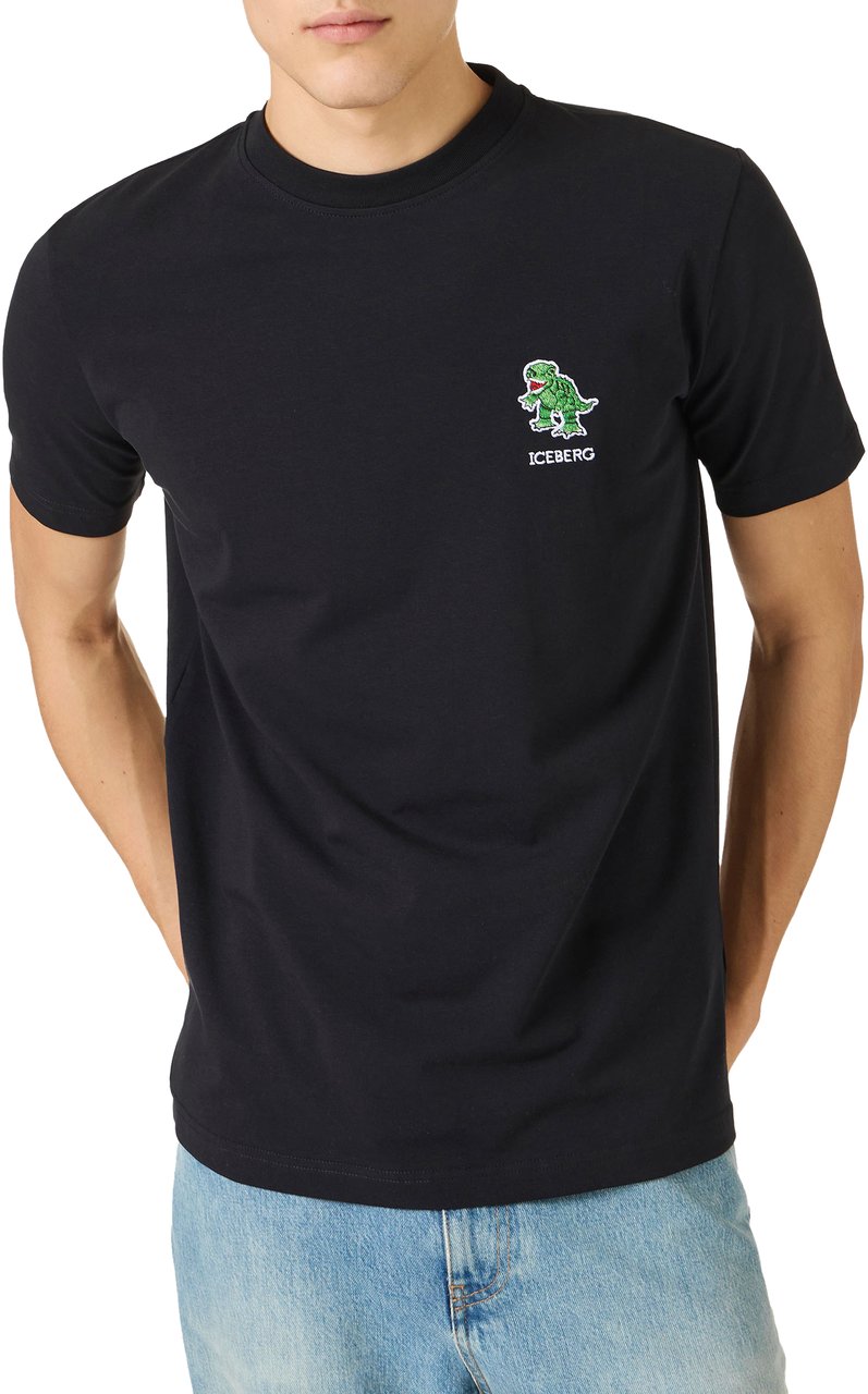 Iceberg Slim fit stretch black cotton jersey T-shirt with dinosaur patch Zwart