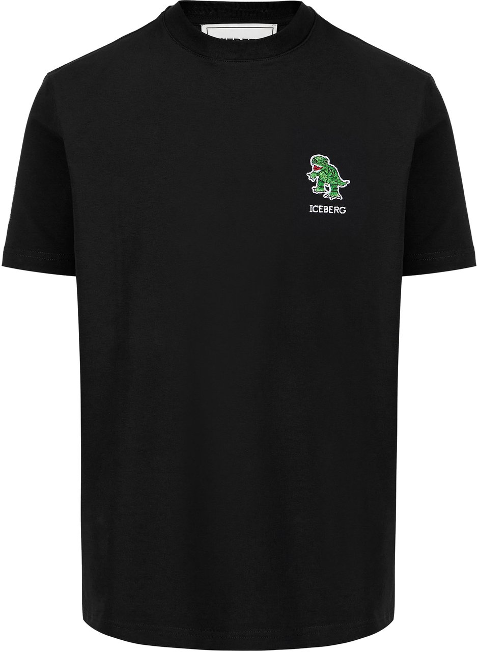 Iceberg Slim fit stretch black cotton jersey T-shirt with dinosaur patch Zwart