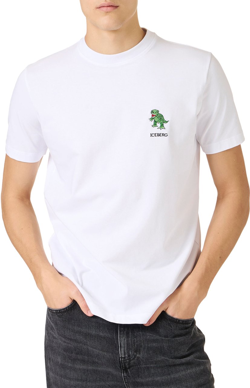 Iceberg Slim fit stretch optic white cotton jersey T-shirt with dinosaur patch Wit
