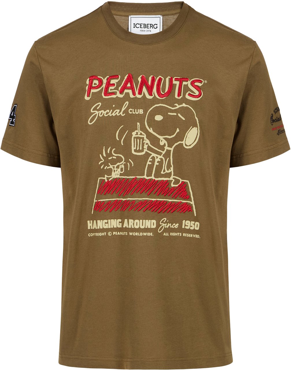 Iceberg Regular fit khaki cotton jersey T-shirt with Peanuts design Groen