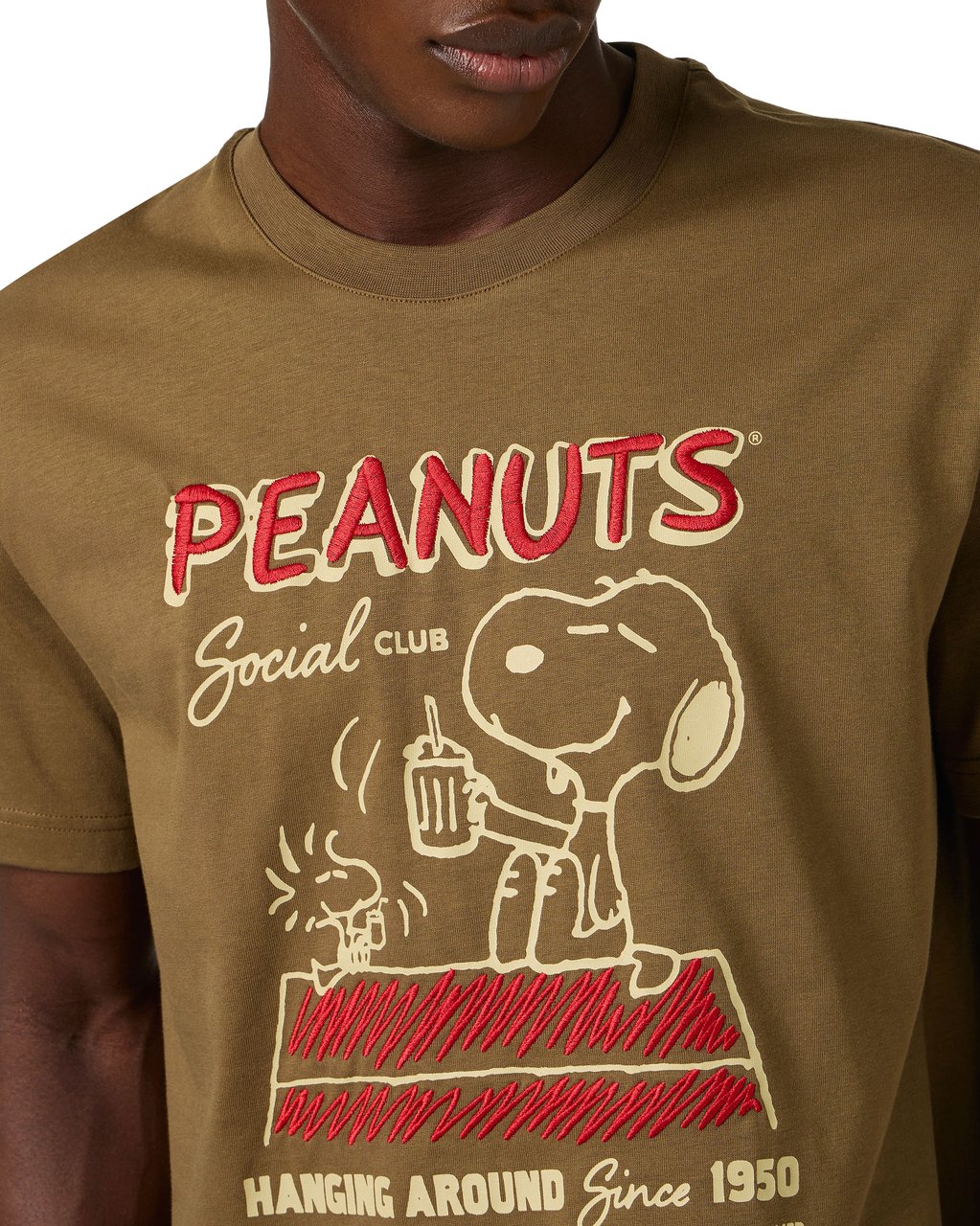 Iceberg Regular fit khaki cotton jersey T-shirt with Peanuts design Groen
