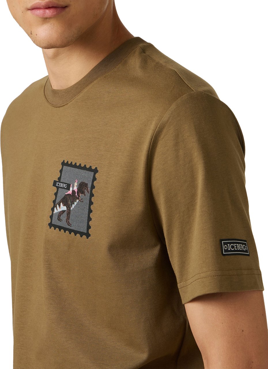 Iceberg Regular fit khaki cotton jersey T-shirt with dinosaur print Groen