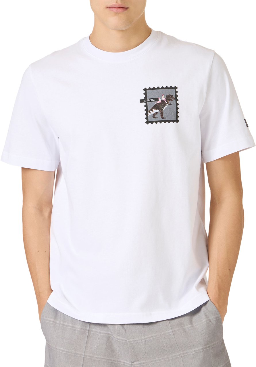 Iceberg Regular fit optic white cotton jersey T-shirt with dinosaur print Wit