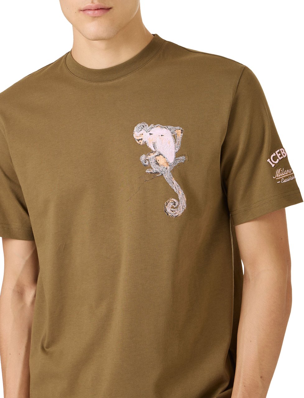 Iceberg Regular fit khaki cotton jersey T-shirt with Monkey embroidery Groen
