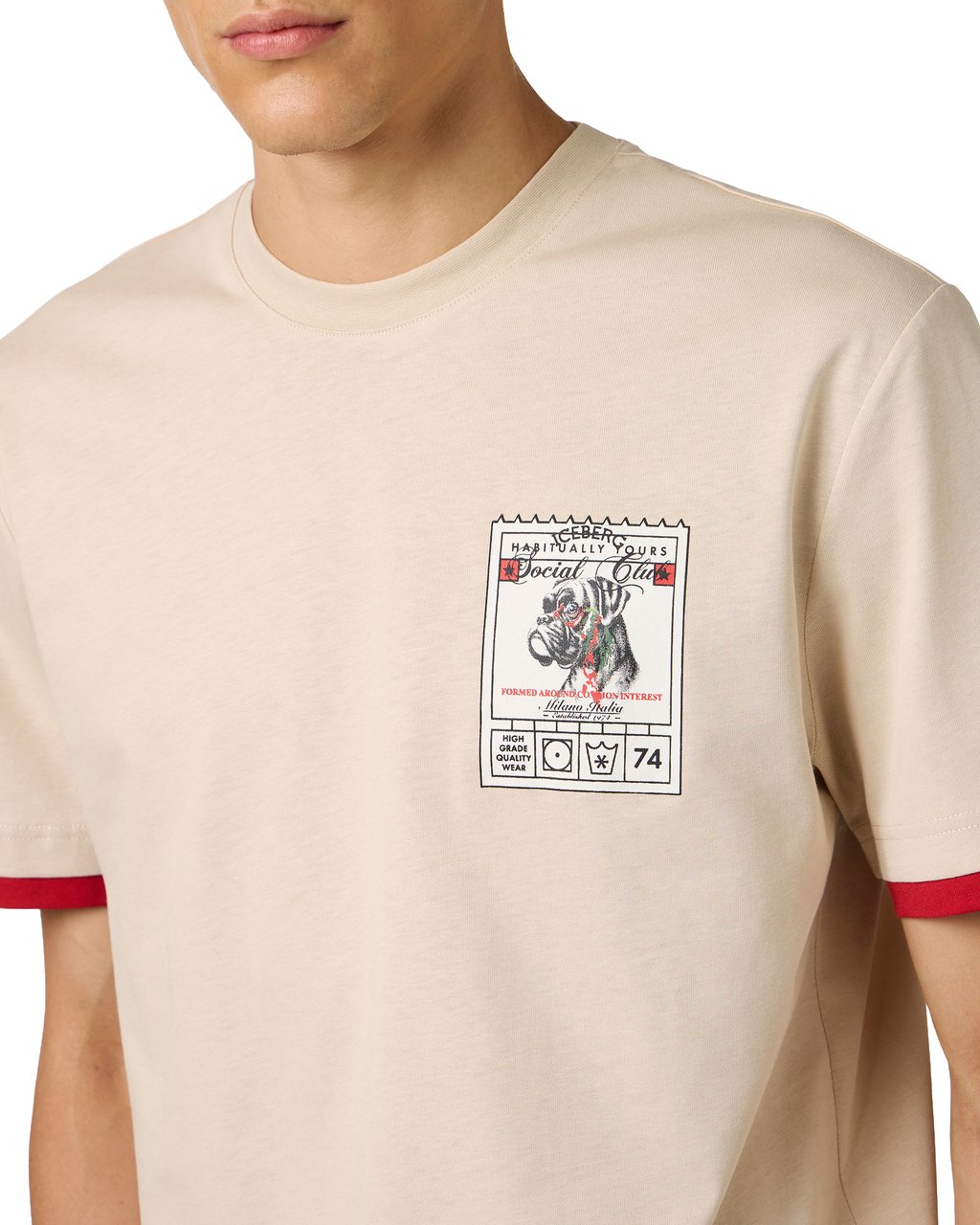 Iceberg Regular fit beige cotton jersey T-shirt with Social Club print Beige