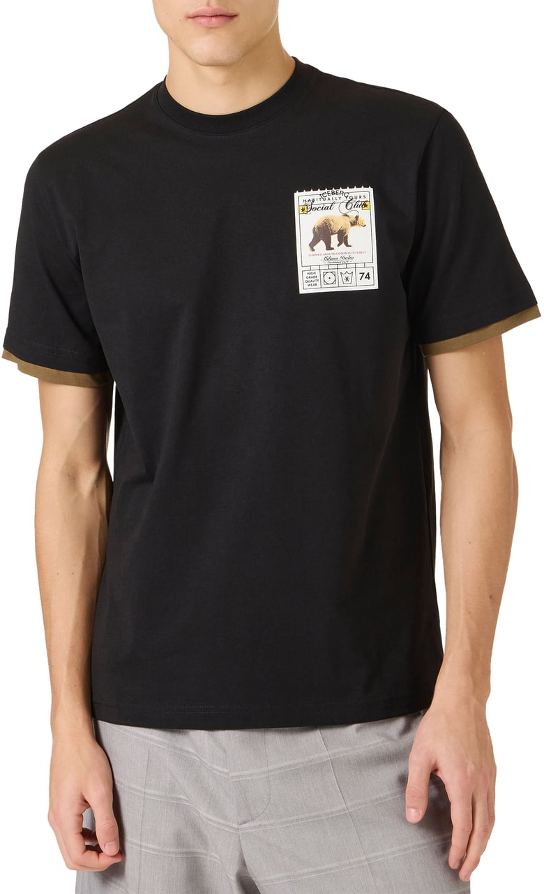 Iceberg Regular fit black cotton jersey T-shirt with Social Club print Zwart