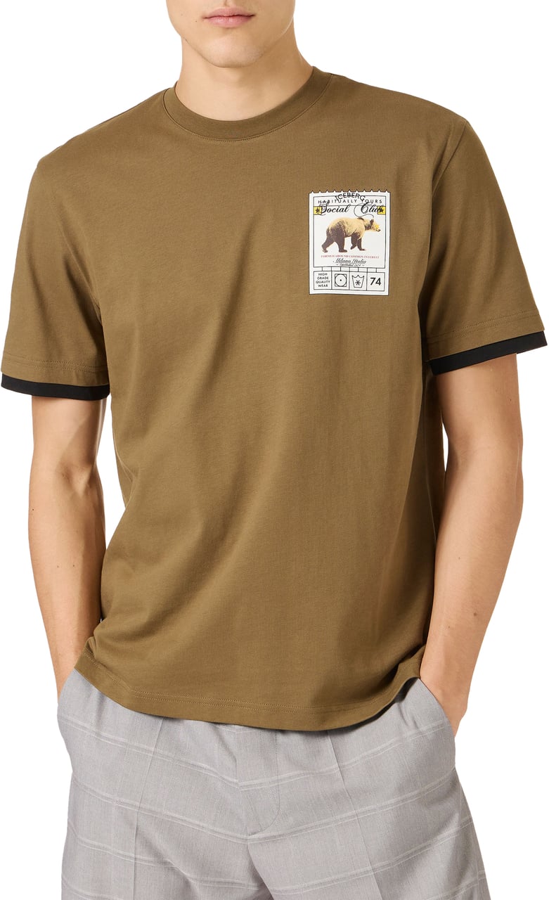 Iceberg Regular fit khaki cotton jersey T-shirt with Social Club print Groen