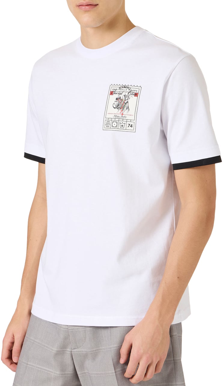 Iceberg Regular fit optic white cotton jersey T-shirt with Social Club print Wit