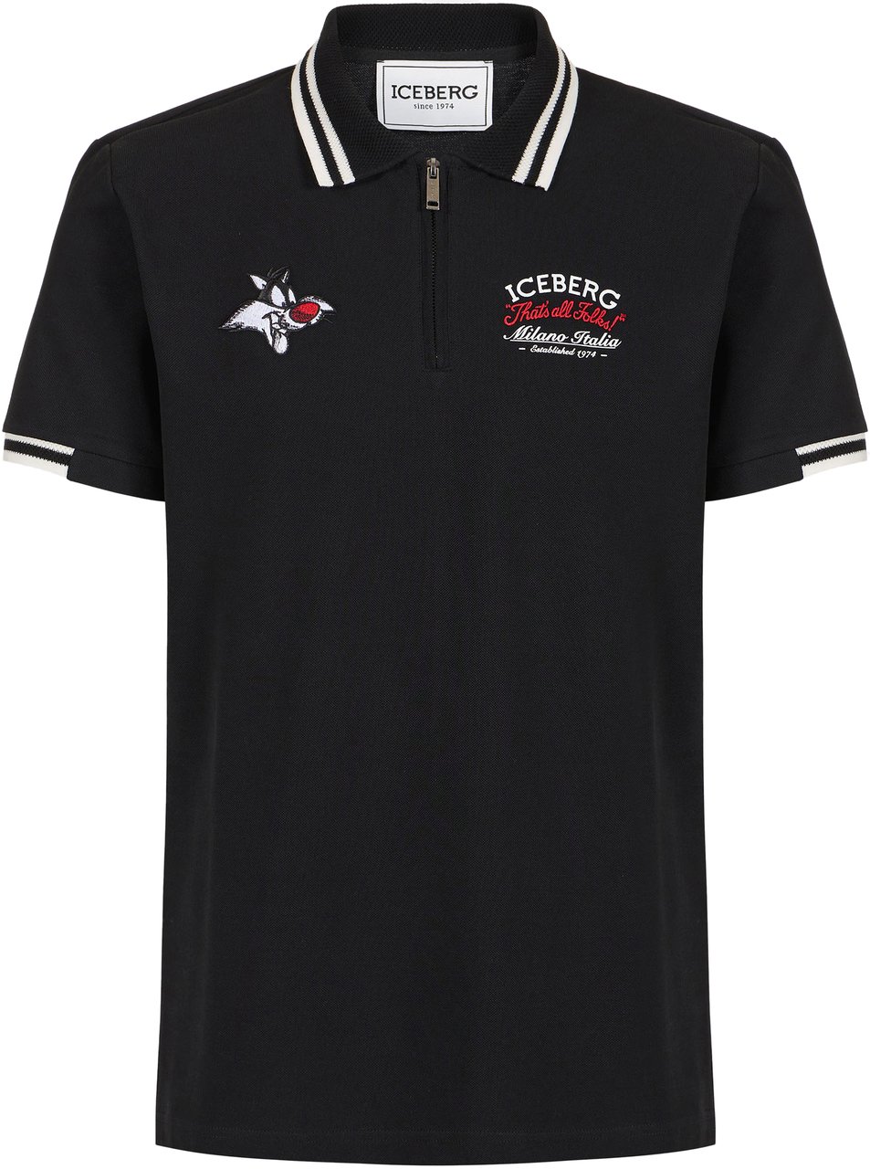 Iceberg Regular fit black short-sleeved polo shirt in cotton piquet with Looney Tunes Zwart