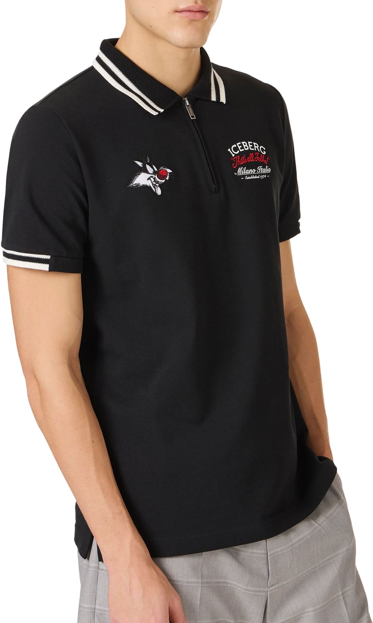 Iceberg Regular fit black short-sleeved polo shirt in cotton piquet with Looney Tunes Zwart