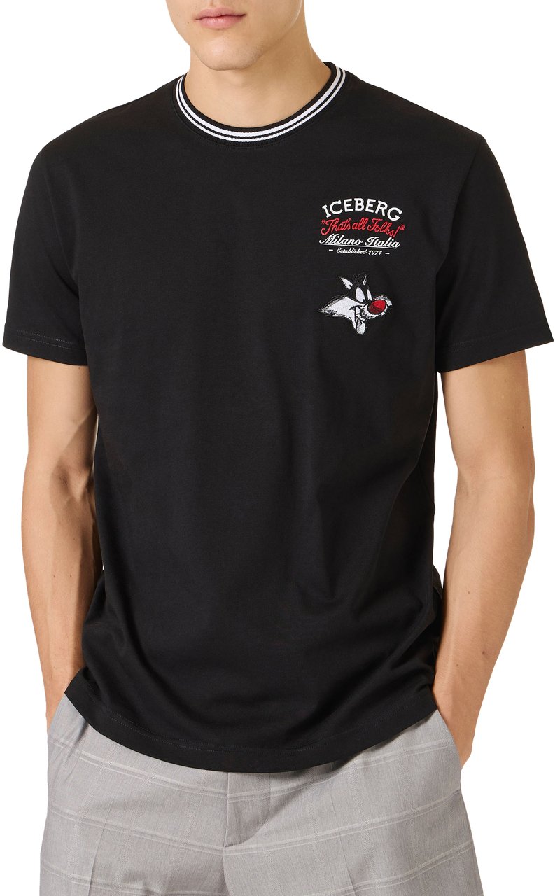 Iceberg Regular fit black cotton jersey T-shirt with Looney Tunes Zwart