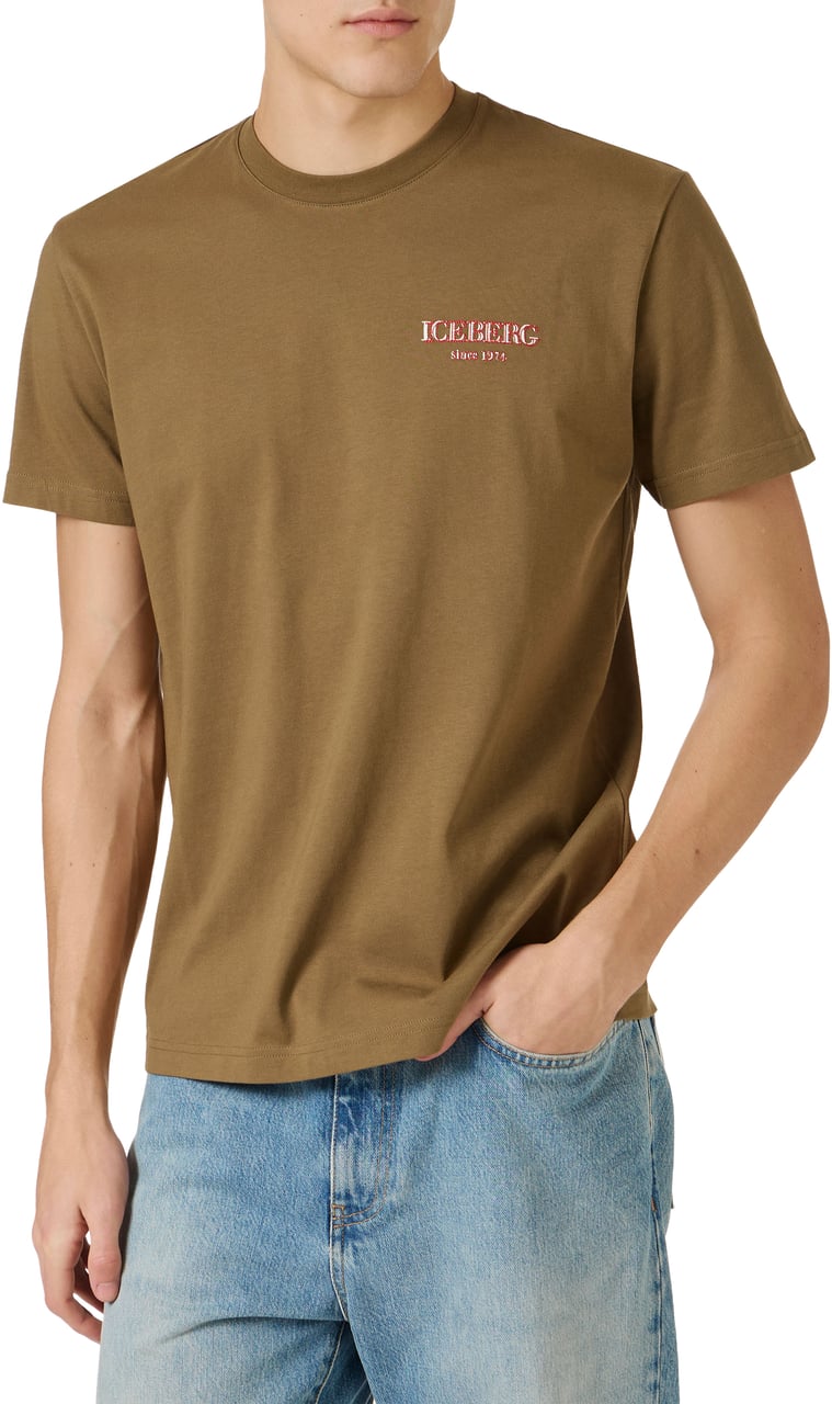 Iceberg Regular fit khaki cotton jersey T-shirt with branded embroidery Groen