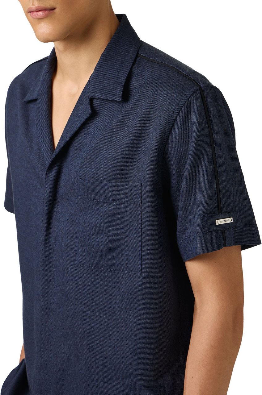Iceberg Regular fit dark blue short-sleeved shirt in a diagonal weave linen-blend fabric Blauw