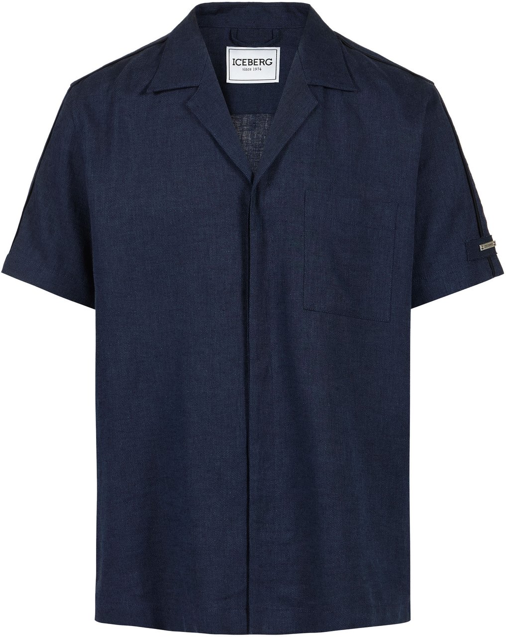 Iceberg Regular fit dark blue short-sleeved shirt in a diagonal weave linen-blend fabric Blauw