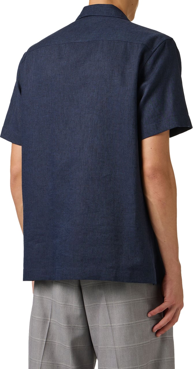 Iceberg Regular fit dark blue short-sleeved shirt in a diagonal weave linen-blend fabric Blauw