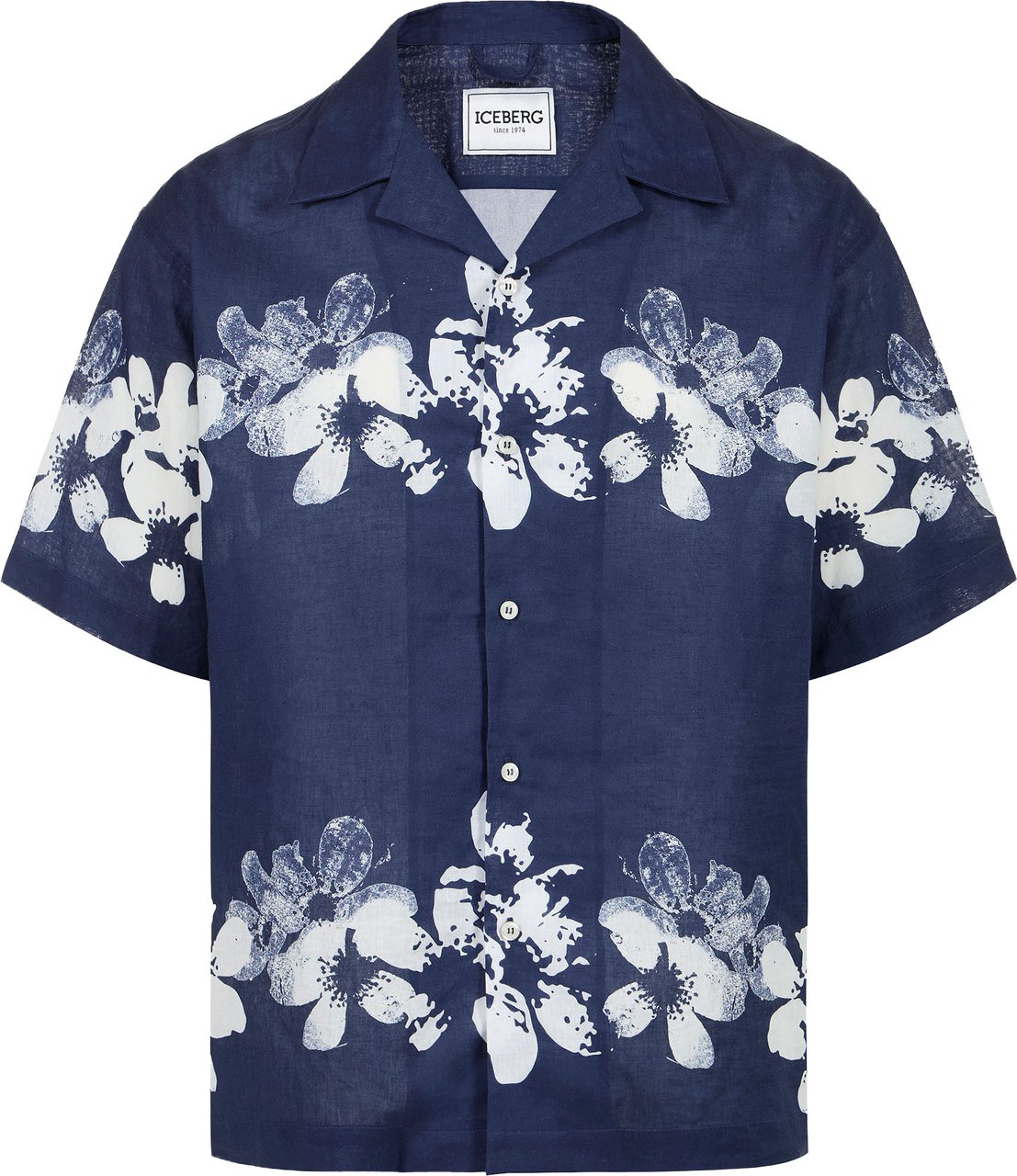 Iceberg Relaxed fit blue linen and cotton blend shirt with Hawaiian print Divers
