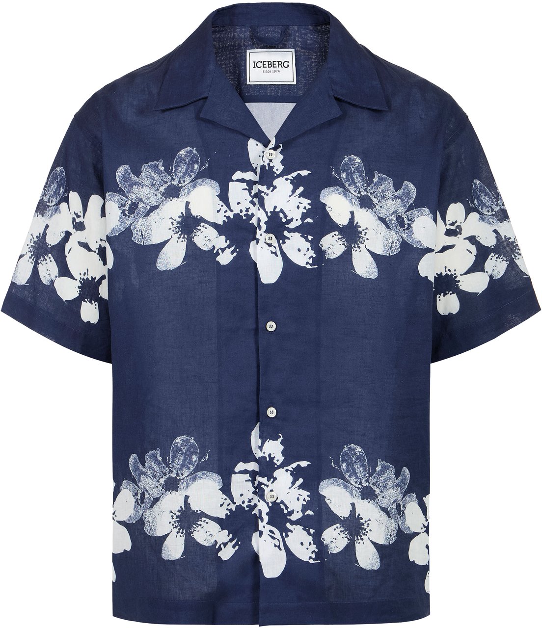 Iceberg Relaxed fit blue linen and cotton blend shirt with Hawaiian print Divers