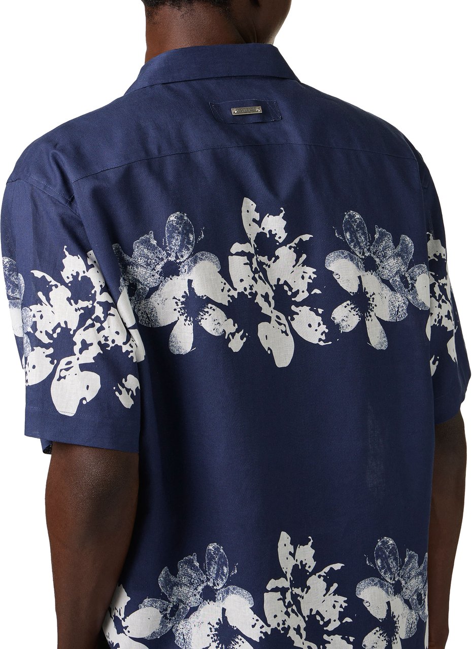 Iceberg Relaxed fit blue linen and cotton blend shirt with Hawaiian print Divers