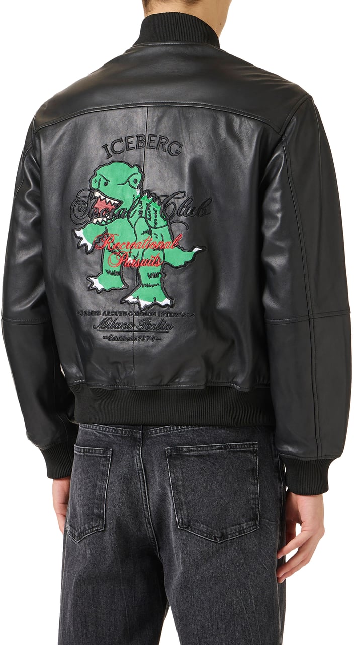 Iceberg Blue and black leather jacket with dinosaur embroidery Zwart