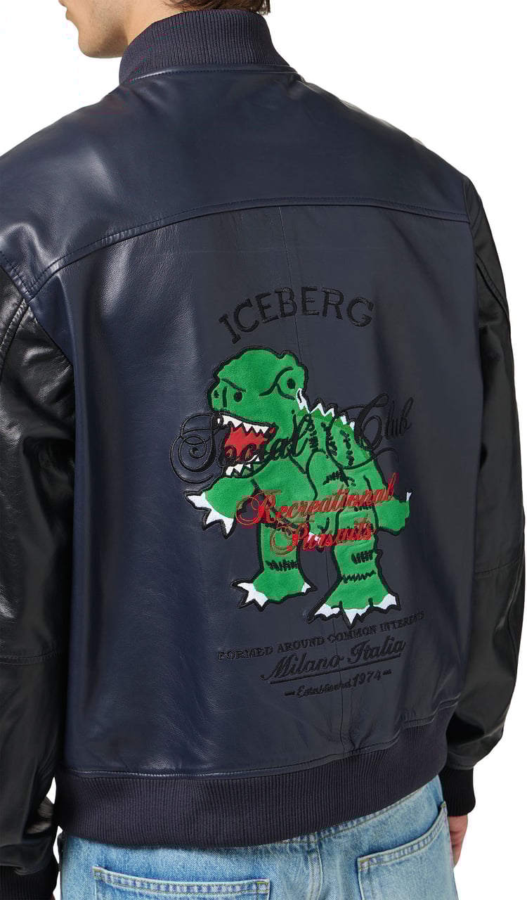 Iceberg Blue and black leather jacket with dinosaur embroidery Divers