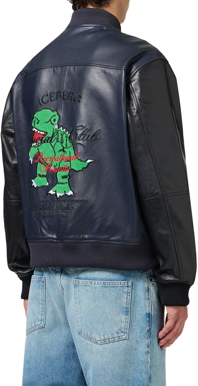 Iceberg Blue and black leather jacket with dinosaur embroidery Divers