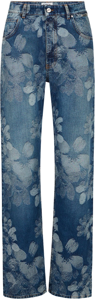Iceberg Indigo 5-pocket denim pants in floral jacquard with a straight-leg fit Blauw