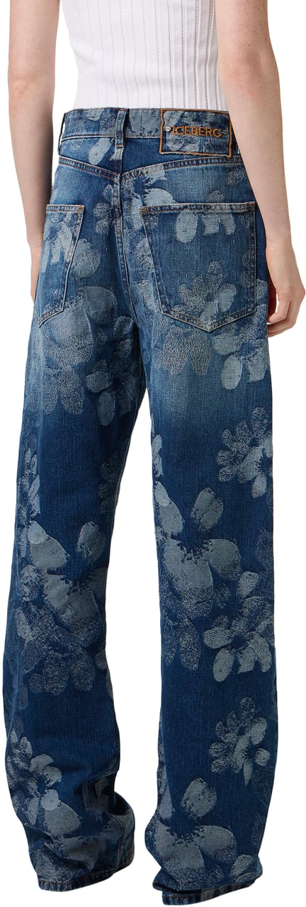 Iceberg Indigo 5-pocket denim pants in floral jacquard with a straight-leg fit Blauw