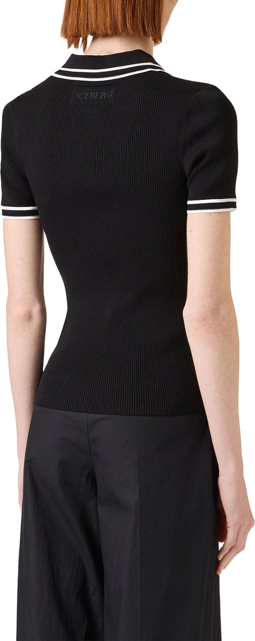 Iceberg Black polo shirt in viscose blend with contrasting stripes Zwart