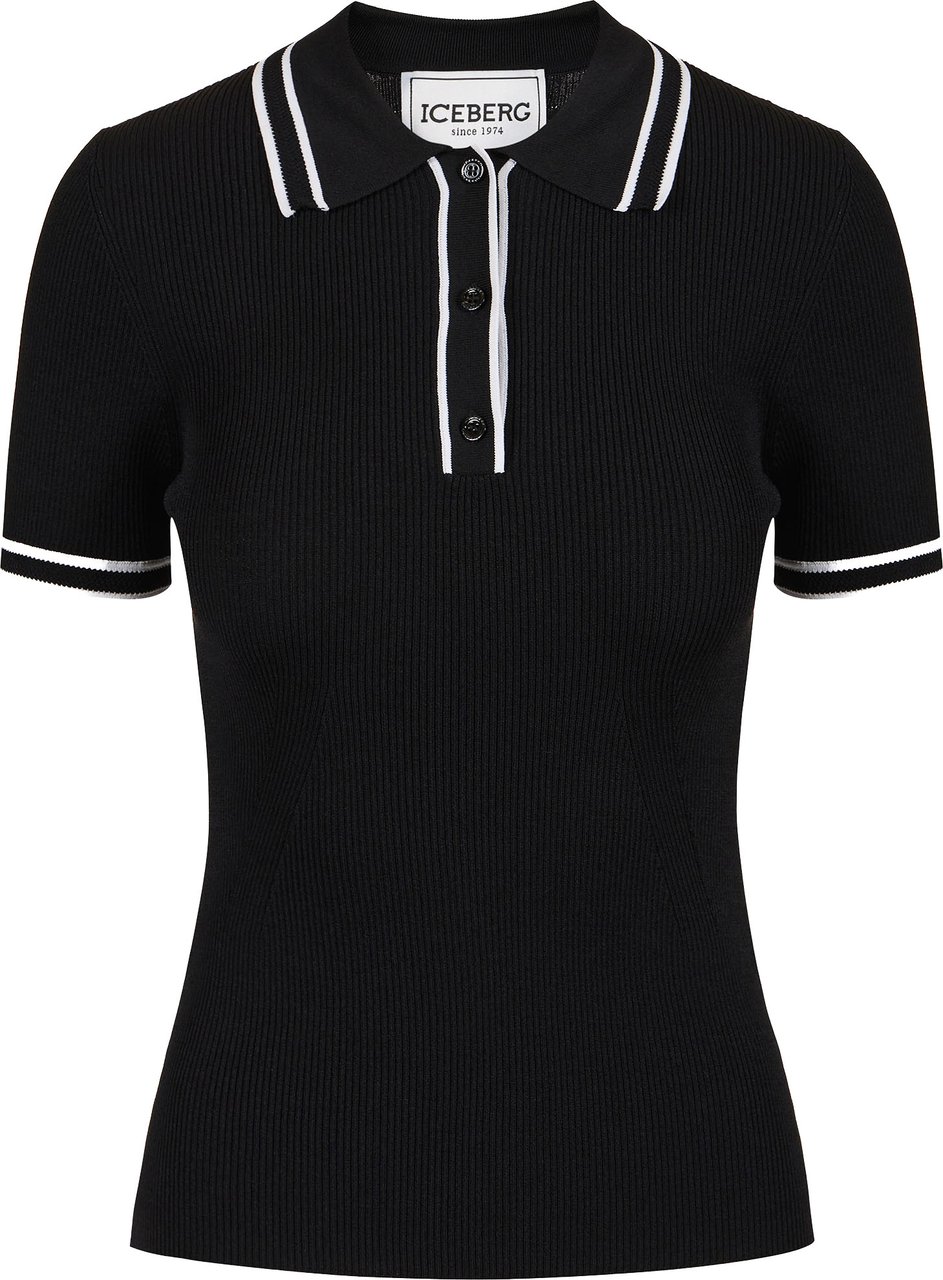 Iceberg Black polo shirt in viscose blend with contrasting stripes Zwart