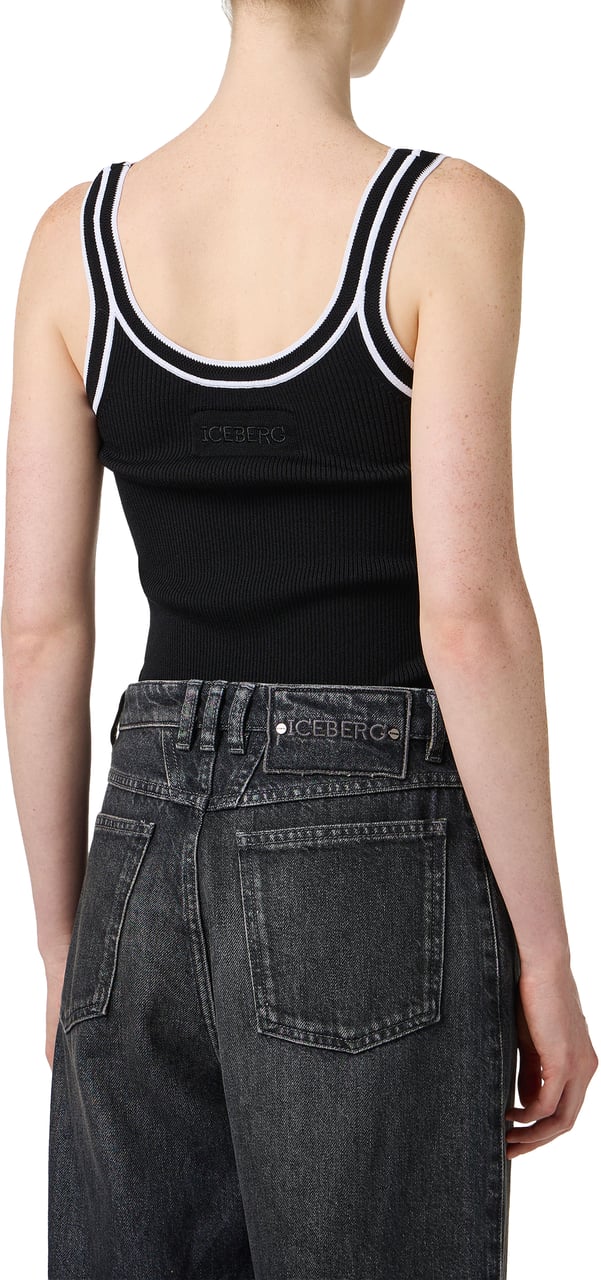 Iceberg Black ribbed tank top in stretch cotton Zwart