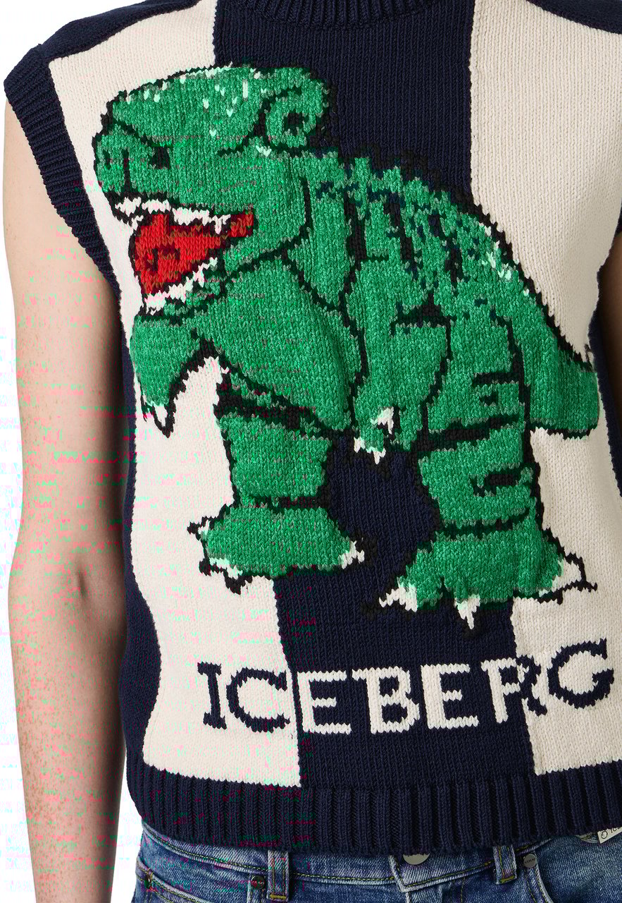 Iceberg Multicolor sleeveless cotton-blend crew neck sweater with dragon inlay Divers