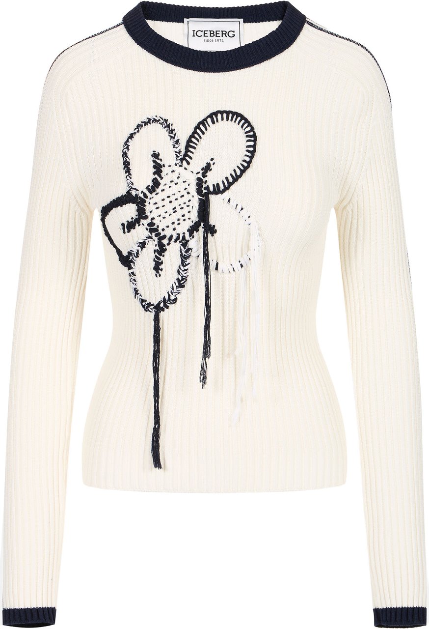 Iceberg Ribbed cotton cream crew neck sweater with floral embroidery Beige