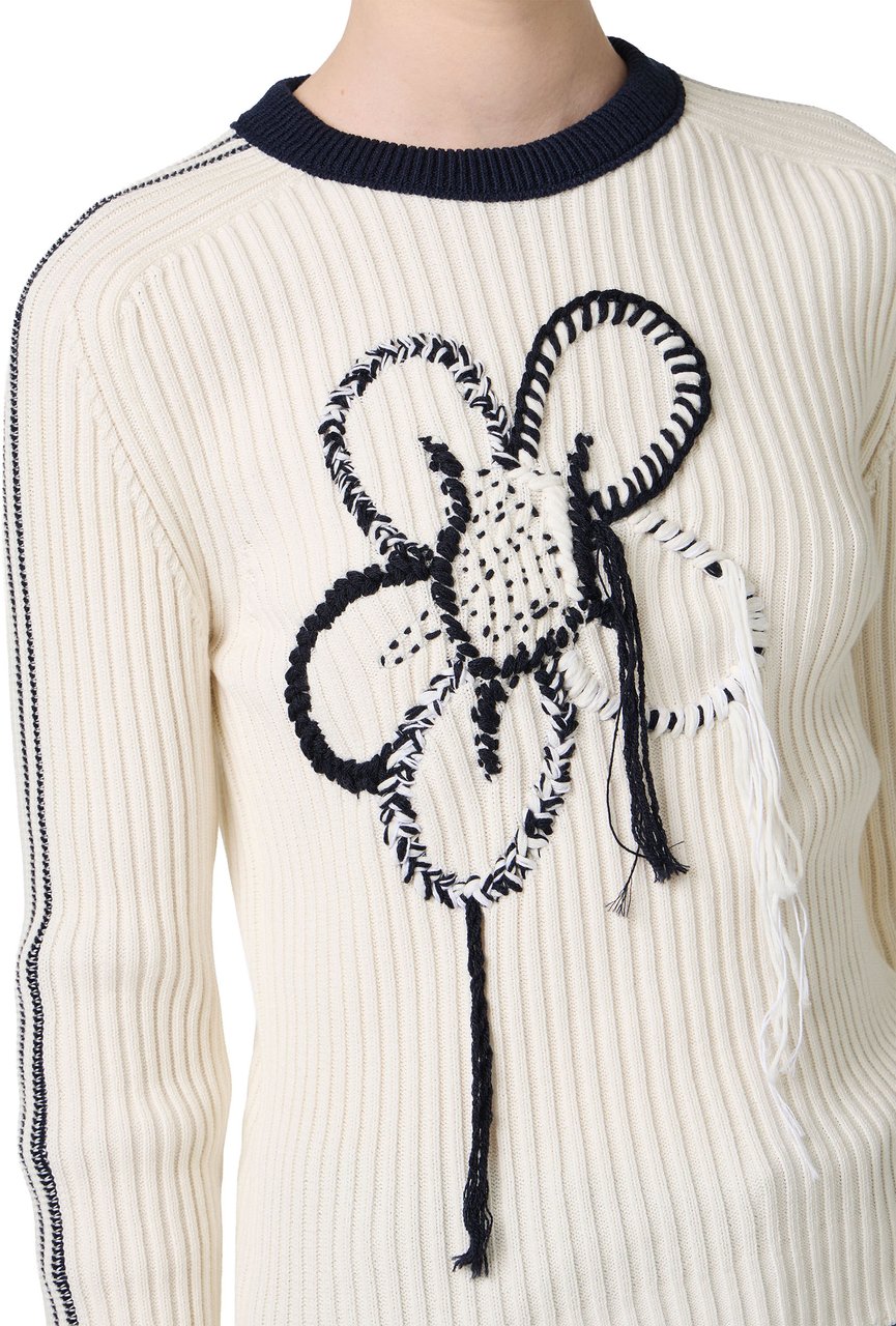 Iceberg Ribbed cotton cream crew neck sweater with floral embroidery Beige