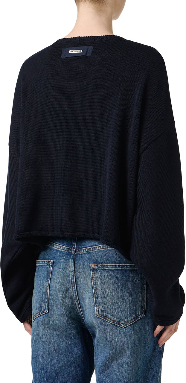 Iceberg Oversized fit classic blue cotton crew neck sweater with floral inlay Blauw