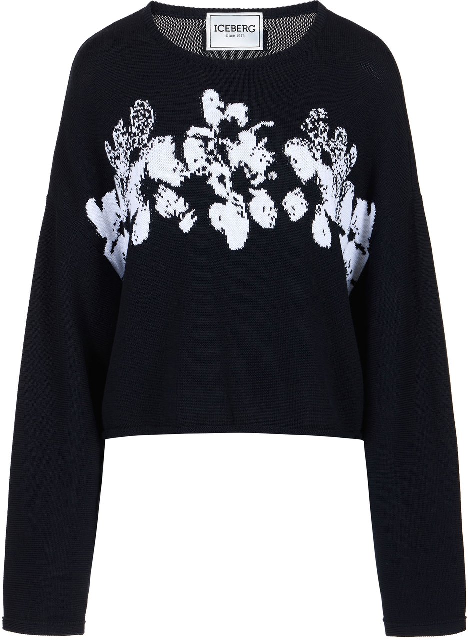 Iceberg Oversized fit classic blue cotton crew neck sweater with floral inlay Blauw