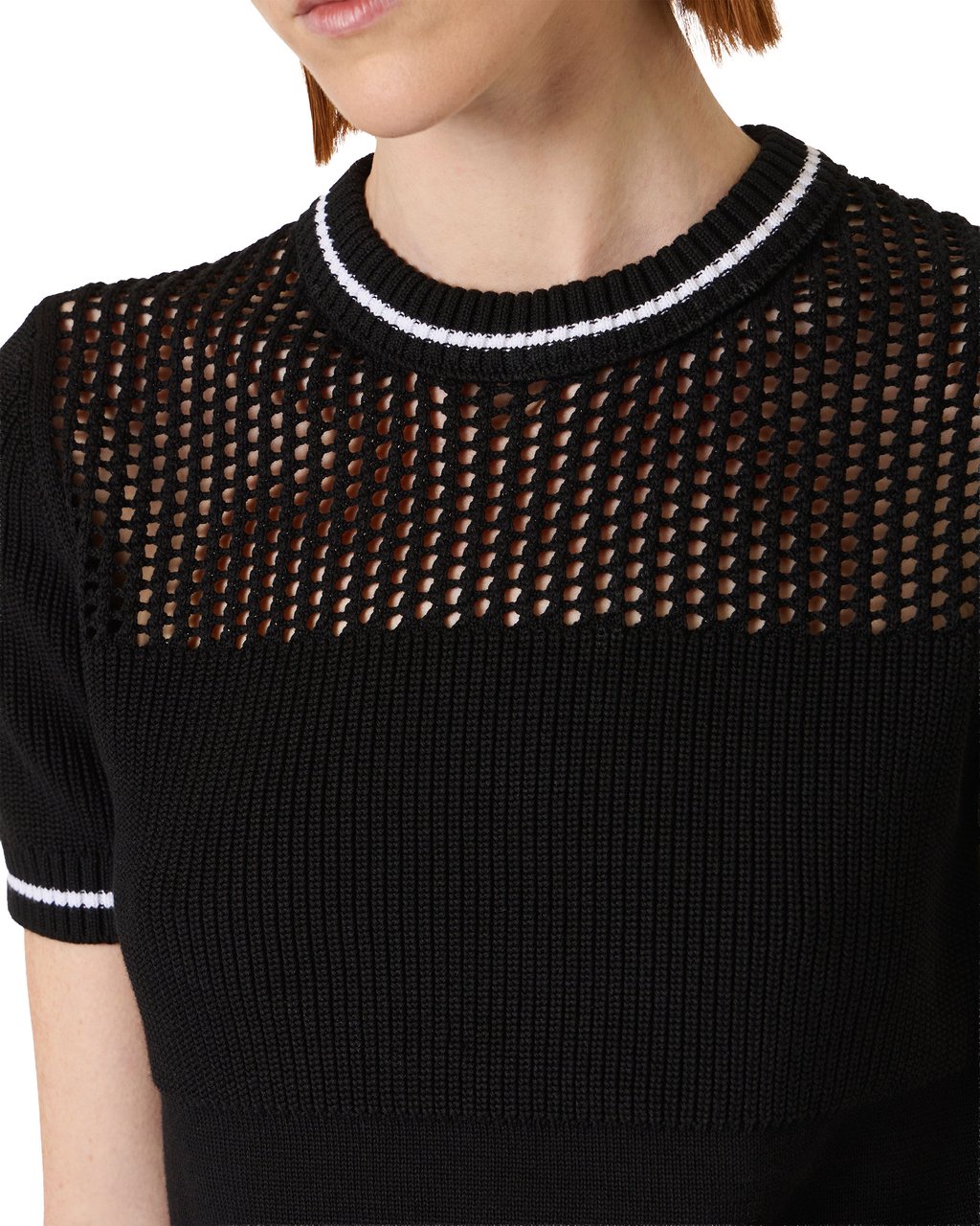 Iceberg Black cotton crew neck sweater with stripes and openwork Zwart