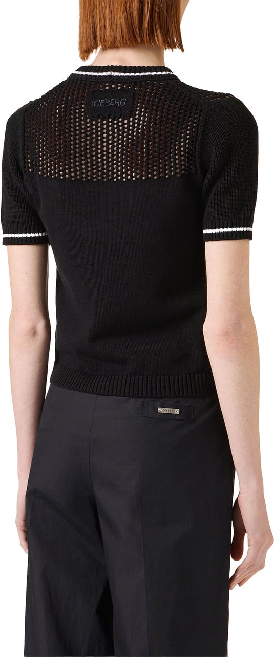 Iceberg Black cotton crew neck sweater with stripes and openwork Zwart