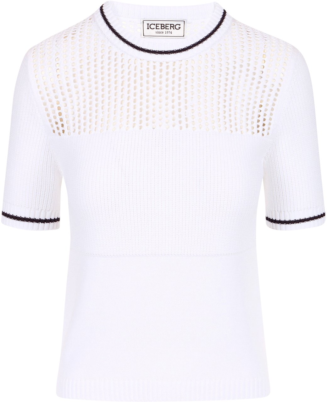 Iceberg Optic white cotton crew neck sweater with stripes and openwork Wit