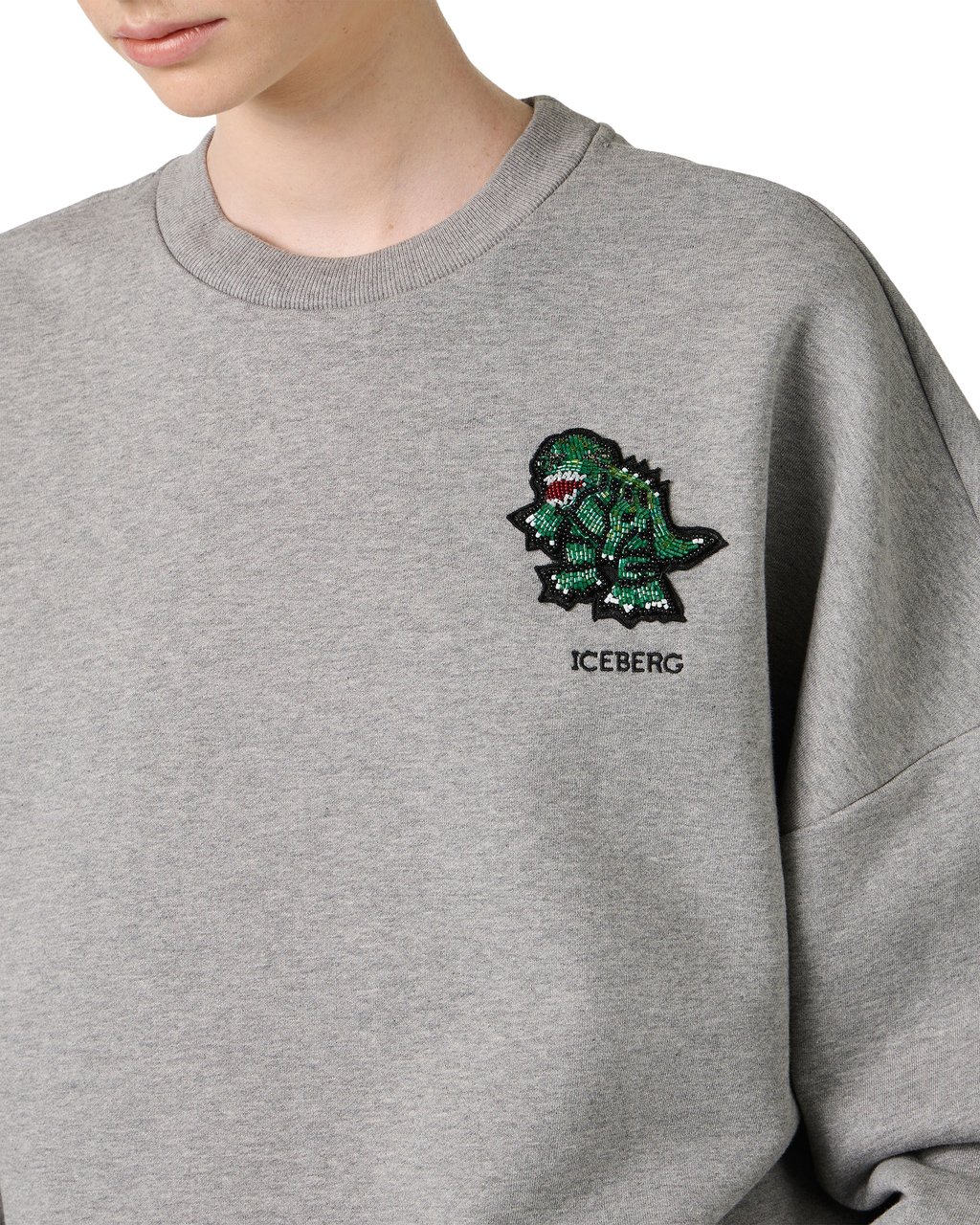 Iceberg Regular fit light gray melange sweatshirt in sustainable fleece fabric with dinosaur patch Grijs
