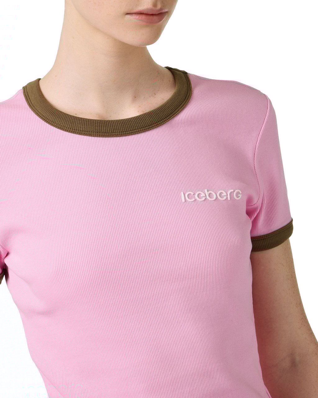 Iceberg Pink ribbed jersey slim fit T-shirt with Iceberg print Roze
