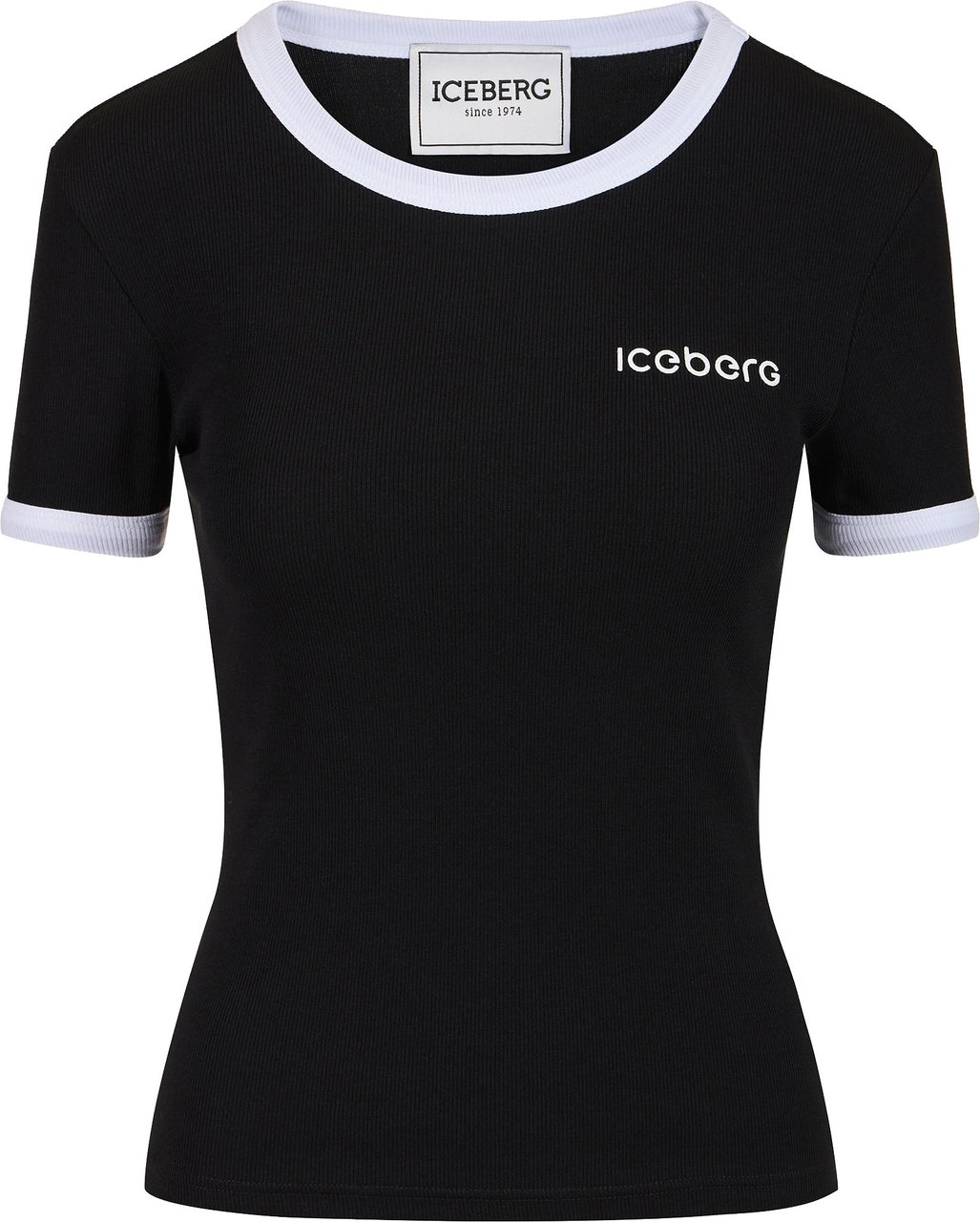 Iceberg Black ribbed jersey slim fit T-shirt with Iceberg print Zwart