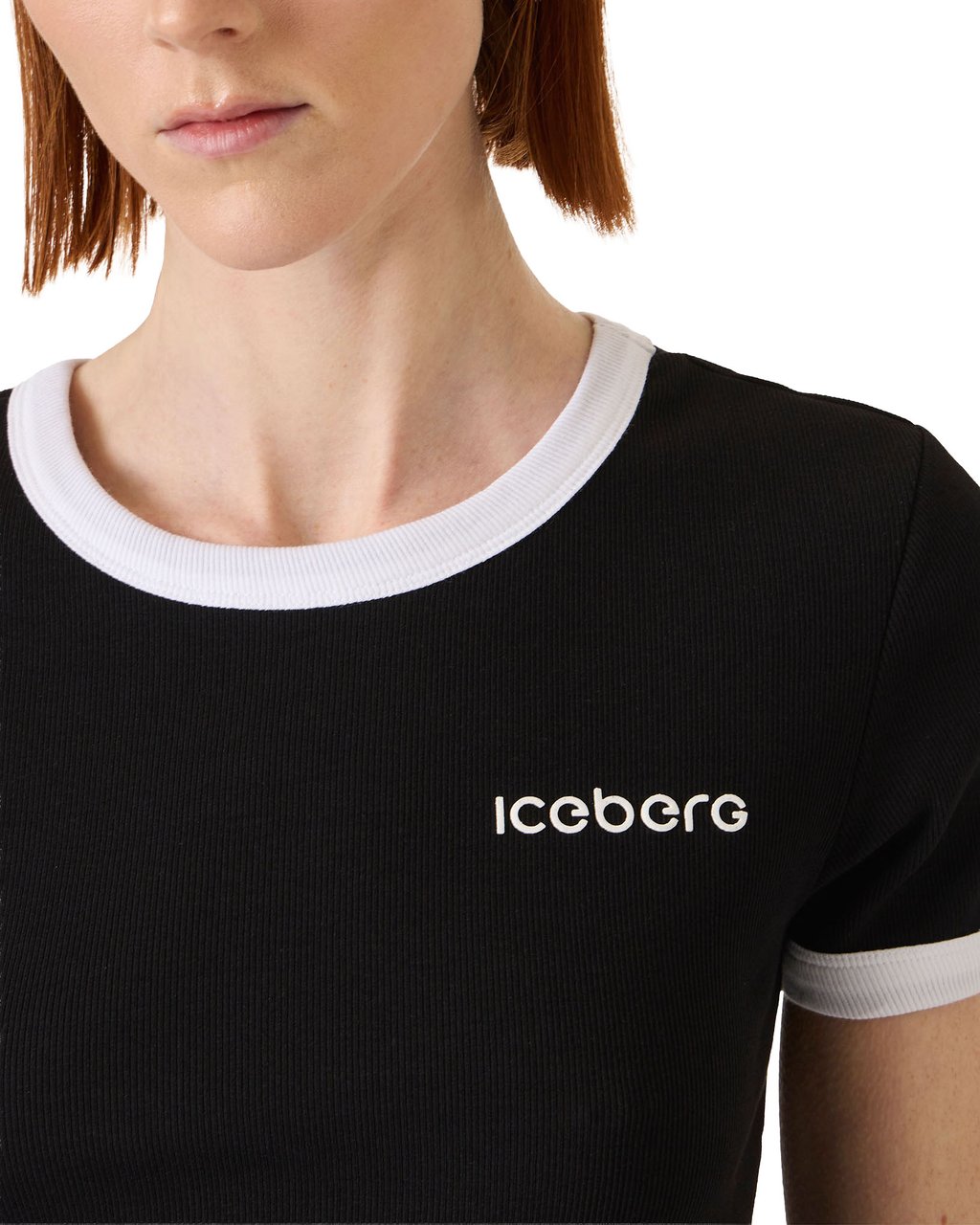 Iceberg Black ribbed jersey slim fit T-shirt with Iceberg print Zwart
