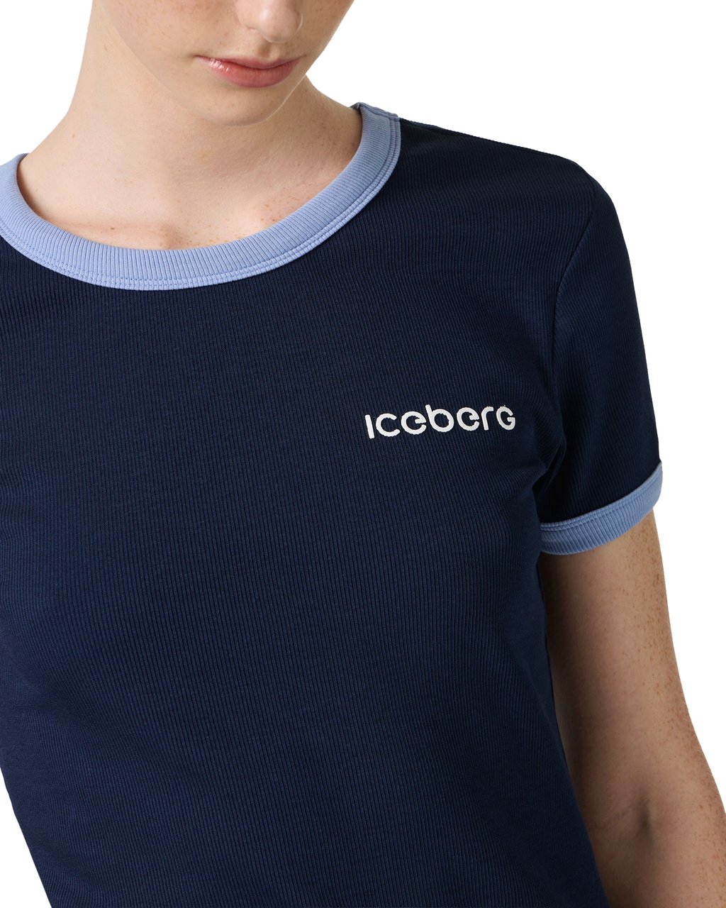 Iceberg Blue ribbed jersey slim fit T-shirt with Iceberg print Blauw