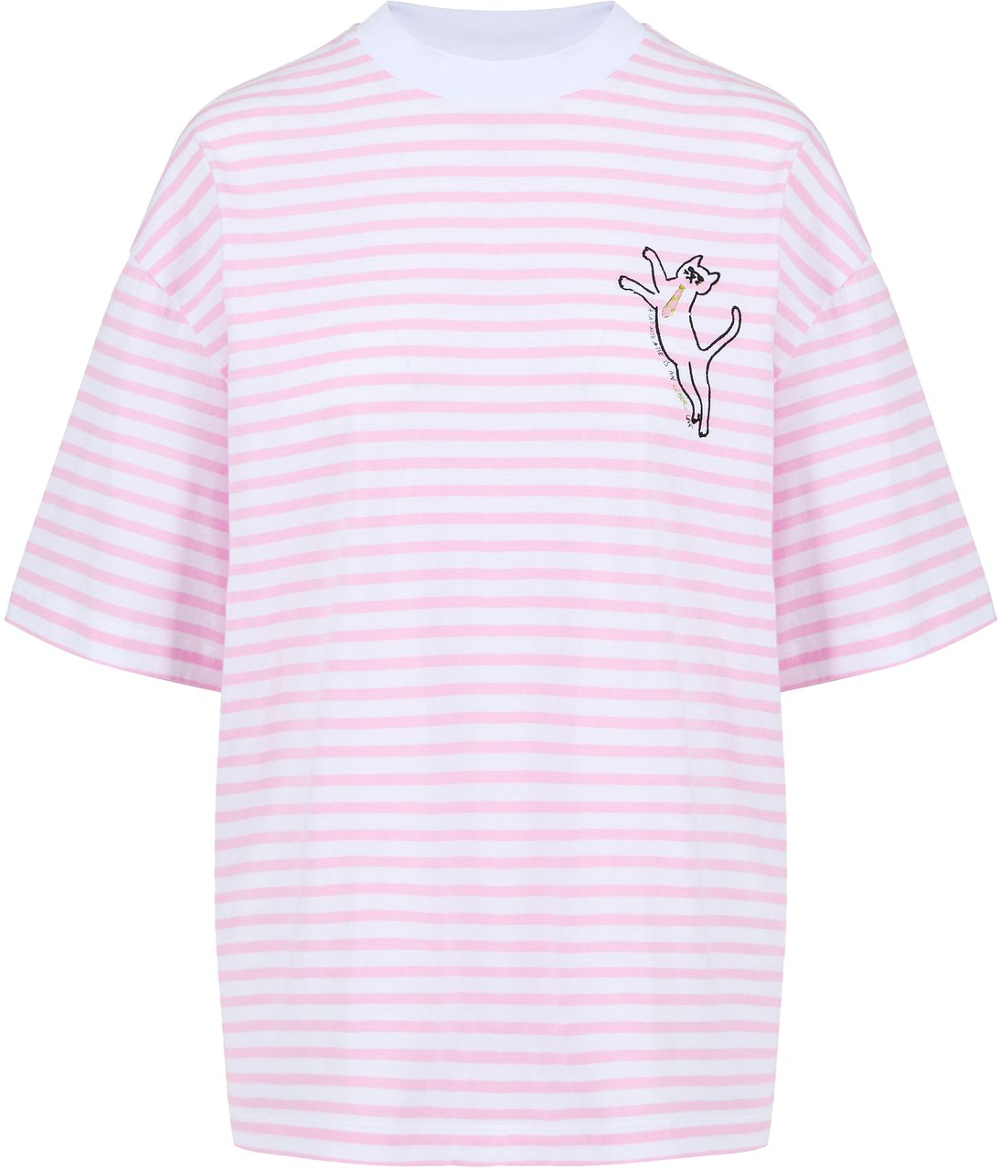 Iceberg White and pink striped, relaxed fit cotton jersey T-shirt, with cat print Zwart