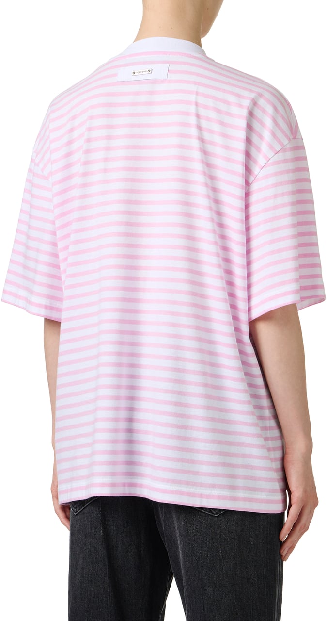 Iceberg White and pink striped, relaxed fit cotton jersey T-shirt, with cat print Zwart